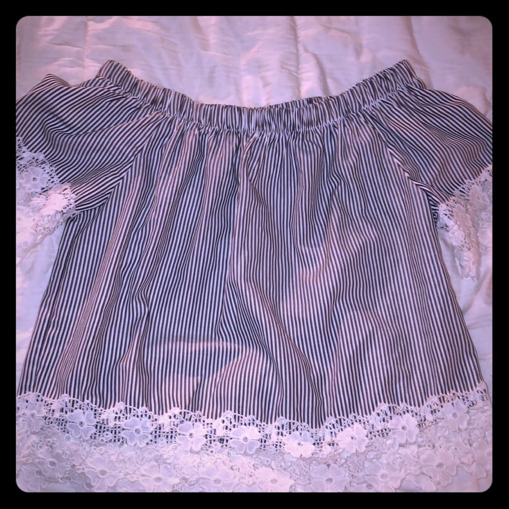 Blue and white stripped w/ lace off shoulders top